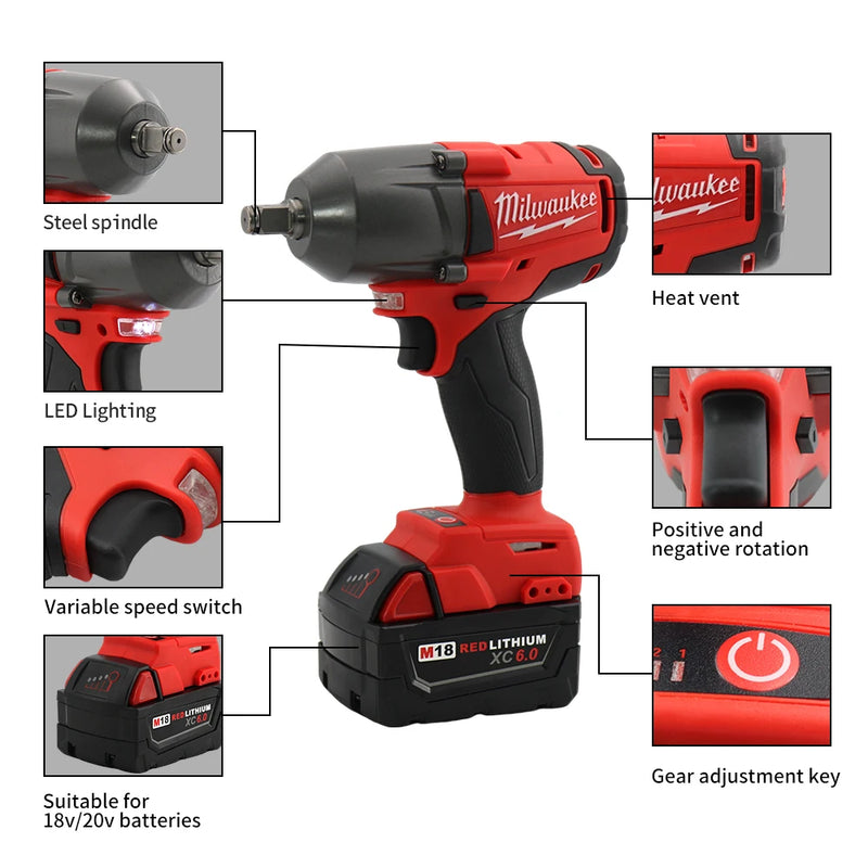 Milwaukee 1300N.M High Torque Brushless Electric Impact Wrench 18V Cordless Electric screwdriver Car Truck Repair Power Tools