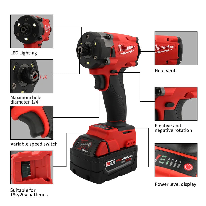 Milwaukee  Brushless Impact Driver 300NM 18V Motor Cordless Rechargeable Lithium Battery Impact Wrench  Screwdriver Power Tool