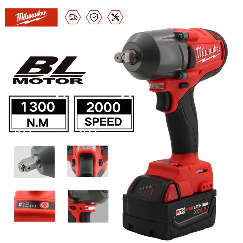 Milwaukee 1300N.M High Torque Brushless Electric Impact Wrench 18V Cordless Electric screwdriver Car Truck Repair Power Tools