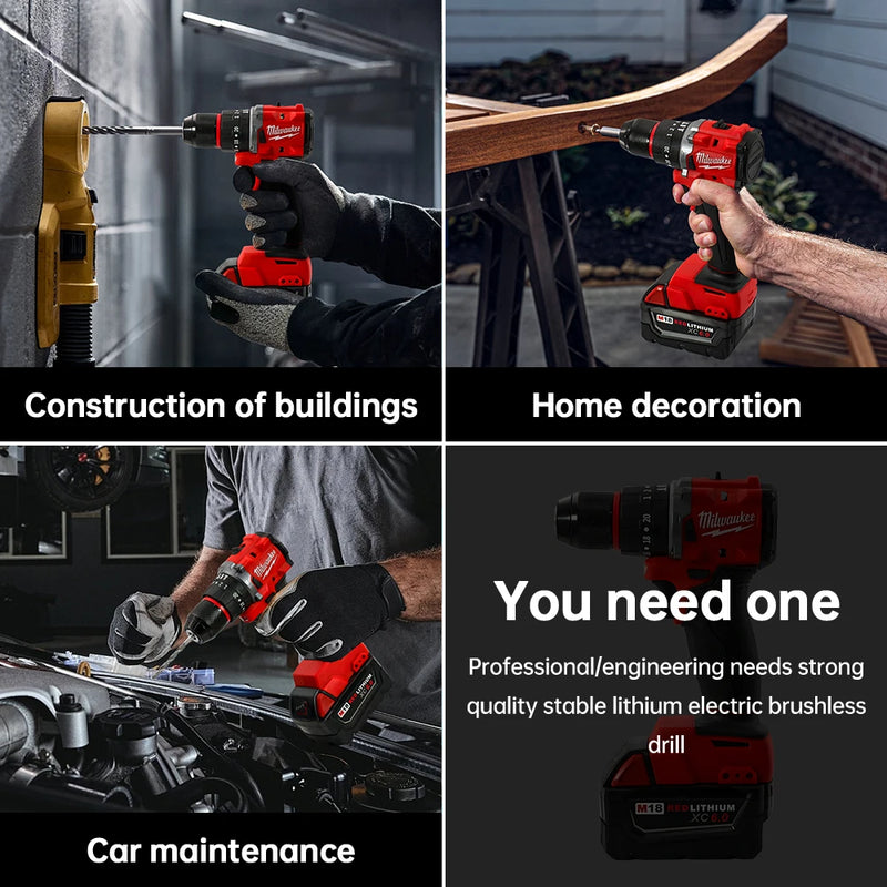 Milwaukee 150N.M Brushless Electric Impact Drill LED Lighting Cordless Screwdriver Rechargeable 18V Battery Motor Power Tools