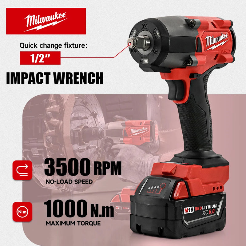 Milwaukee Tools M18 Battery 1000N.M Brushless Electric Impact Wrench Cordless Electric Wrench 1/2 inch Screwdriver Power Tools