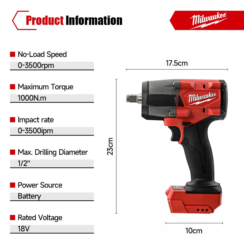 Milwaukee Tools M18 Battery 1000N.M Brushless Electric Impact Wrench Cordless Electric Wrench 1/2 inch Screwdriver Power Tools