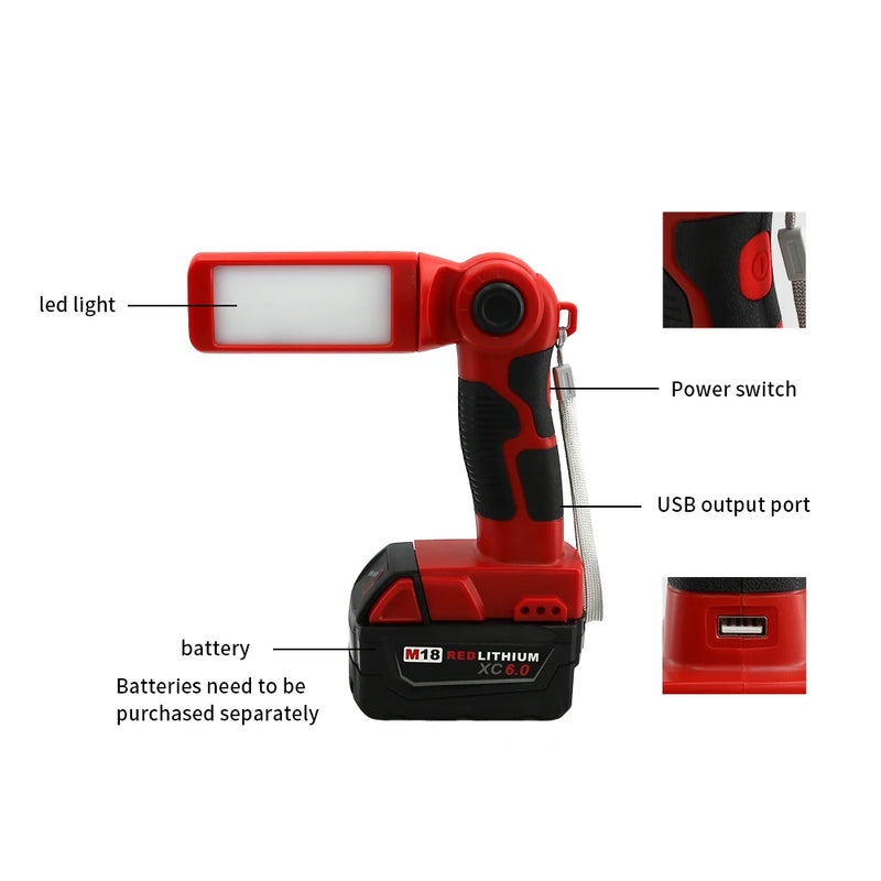 Milwaukee 20V Lithium Battery LED Work Light  Super Bright 270° Rotating Outdoor Lighting Light Portable Handheld Flashlight